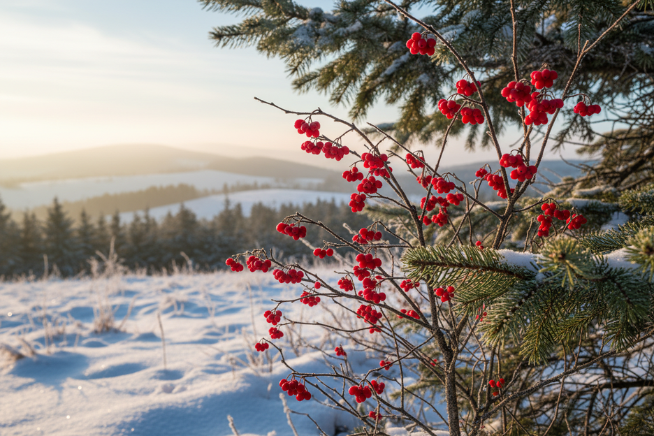 red berries with fir, landscape